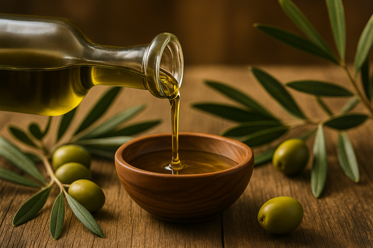 Huile d’olive extra-vierge versée dans un bol en bois avec olives et branches d’olivier – bienfaits naturels pour la peau et les cheveux